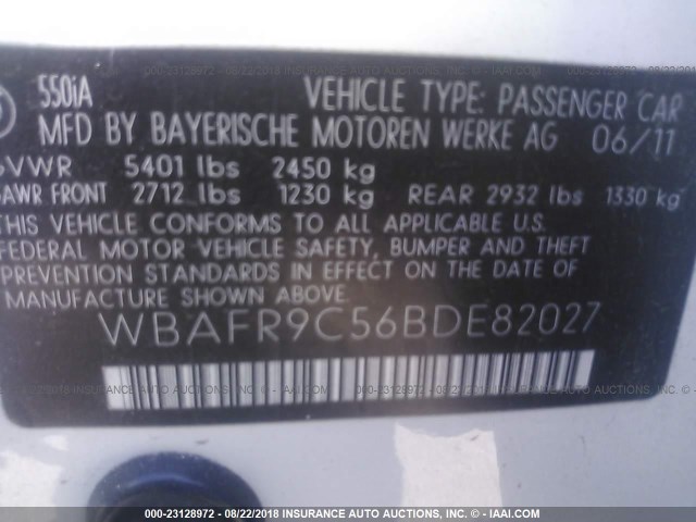 WBAFR9C56BDE82027 - 2011 BMW 550 I WHITE photo 9