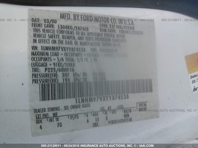 1LNHM97VXYY874538 - 2000 LINCOLN CONTINENTAL  Ақ фото 9