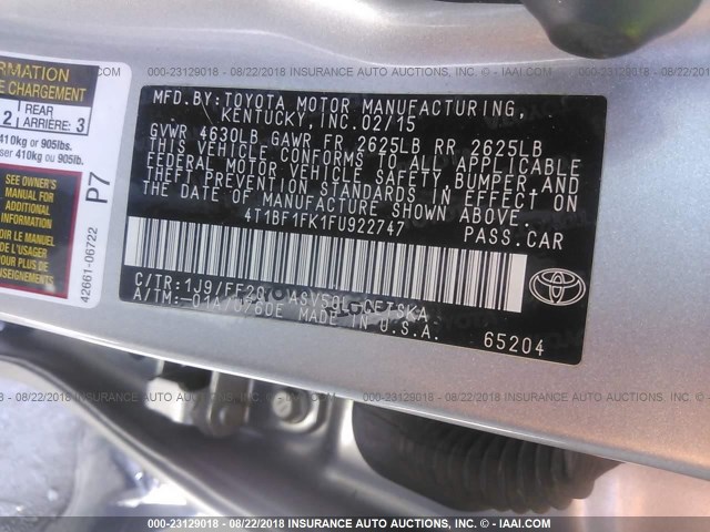 4T1BF1FK1FU922747 - 2015 TOYOTA CAMRY LE/XLE/SE/XSE 银色 照片 9