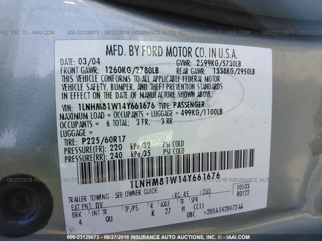 1LNHM81W14Y661676 - 2004 LINCOLN TOWN CAR EXECUTIVE/SIGNATURE ღია ლურჯი ფოტო 9