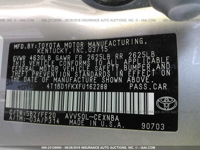 4T1BD1FKXFU162288 - 2015 TOYOTA CAMRY HYBRID/LE/XLE/SE TAN photo 9