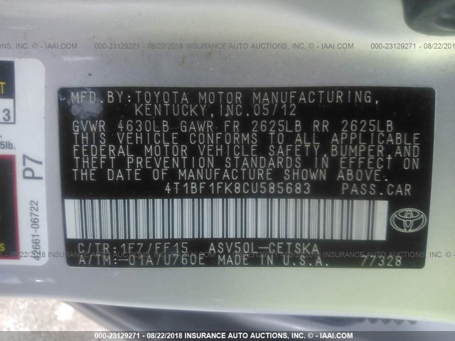 4T1BF1FK8CU585683 - 2012 TOYOTA CAMRY SE/LE/XLE SILVER photo 9