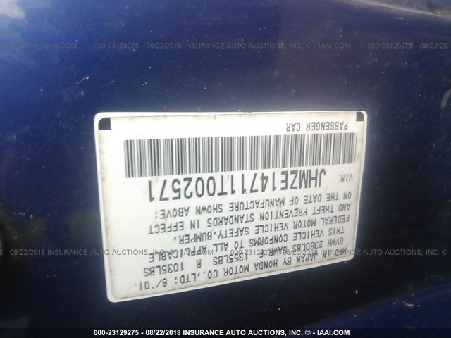 JHMZE14711T002571 - 2001 HONDA INSIGHT BLUE photo 9