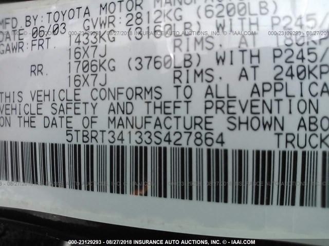 5TBRT34133S427864 - 2003 TOYOTA TUNDRA ACCESS CAB SR5 BURGUNDY photo 9