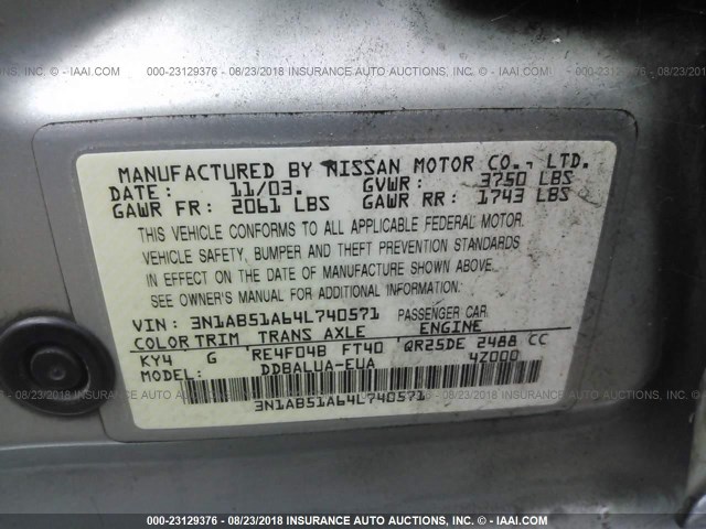 3N1AB51A64L740571 - 2004 NISSAN SENTRA 2.5S SILVER photo 9