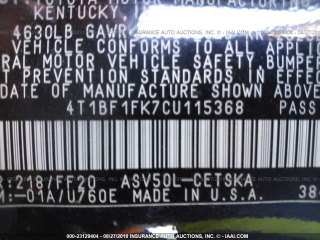 4T1BF1FK7CU115368 - 2012 TOYOTA CAMRY SE/LE/XLE შავი ფოტო 9