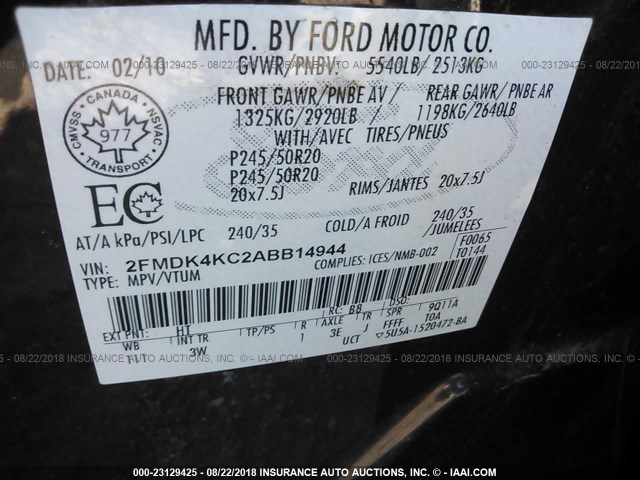 2FMDK4KC2ABB14944 - 2010 FORD EDGE LIMITED BURGUNDY photo 9