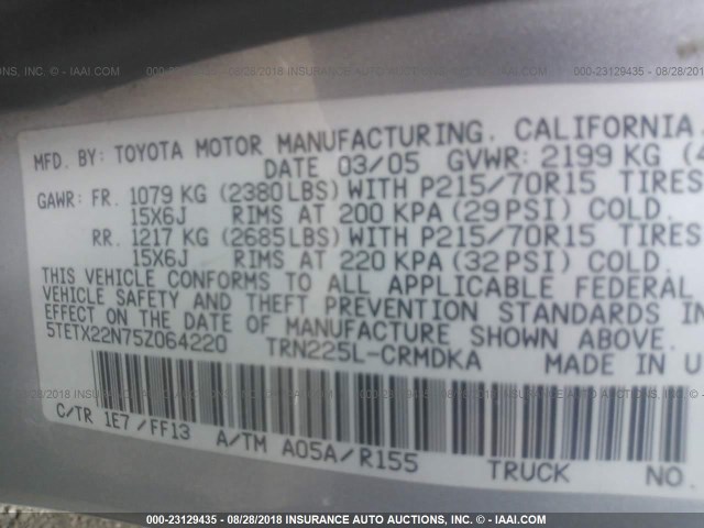 5TETX22N75Z064220 - 2005 TOYOTA TACOMA ACCESS CAB SILVER photo 9