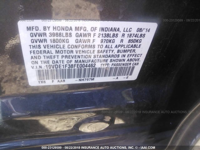 19VDE1F38FE004462 - 2015 ACURA ILX 20 GRAY photo 9