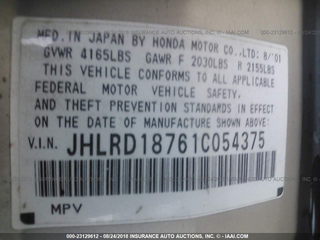 JHLRD18761C054375 - 2001 HONDA CR-V SE/LE GOLD photo 9