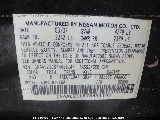 1N4AL21E87N451147 - 2007 NISSAN ALTIMA 2.5/2.5S BLACK photo 9