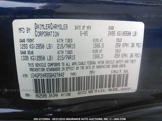 1D4GP24R55B427042 - 2005 DODGE GRAND CARAVAN SE BLUE photo 9