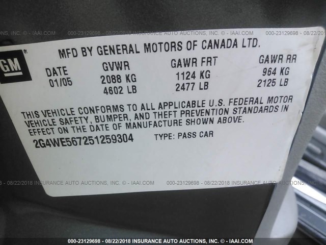 2G4WE567251259304 - 2005 BUICK LACROSSE CXS GRAY photo 9