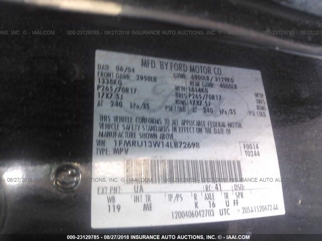 1FMRU13W14LB72698 - 2004 FORD EXPEDITION XLS BLACK photo 9