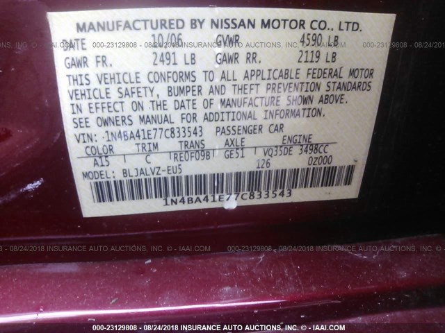 1N4BA41E77C833543 - 2007 NISSAN MAXIMA SE/SL MAROON photo 9