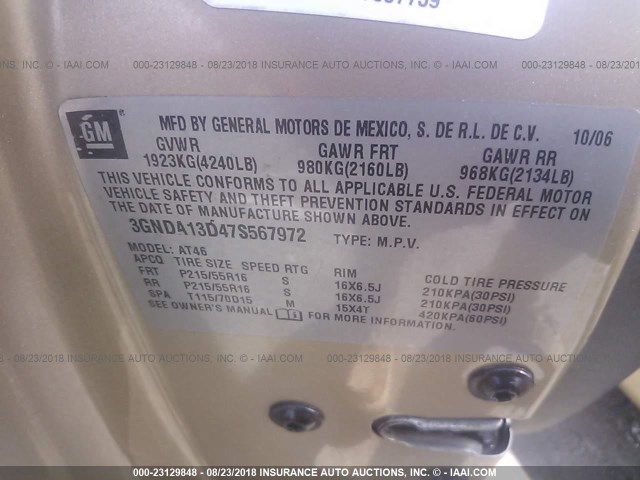 3GNDA13D47S567972 - 2007 CHEVROLET HHR LS Marrón foto 9