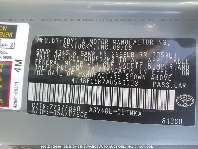 4T1BF3EK7AU540003 - 2010 TOYOTA CAMRY SE/LE/XLE Light Blue photo 9