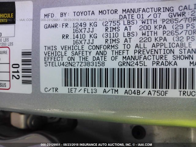 5TELU42N27Z383158 - 2007 TOYOTA TACOMA DOUBLE CAB SILVER photo 9