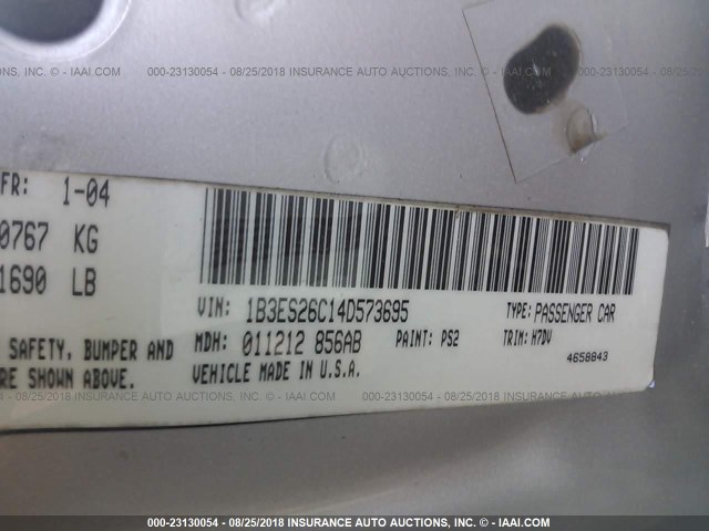 1B3ES26C14D573695 - 2004 DODGE NEON SE SILVER photo 9