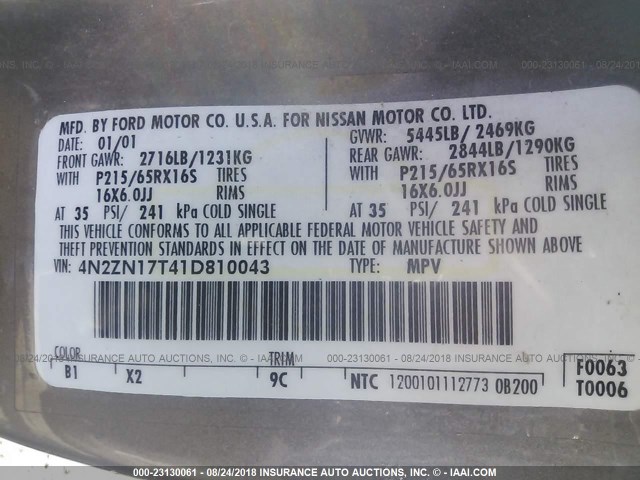 4N2ZN17T41D810043 - 2001 NISSAN QUEST GLE GOLD photo 9