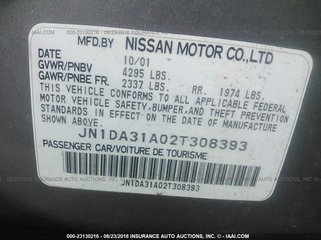 JN1DA31A02T308393 - 2002 NISSAN MAXIMA GLE/SE SILVER photo 9