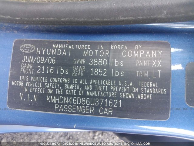 KMHDN46D86U371621 - 2006 HYUNDAI ELANTRA GLS/GT/LIMITED BLUE photo 9