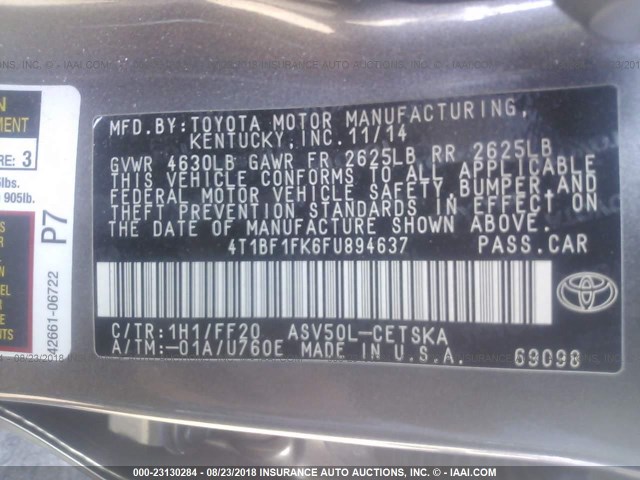 4T1BF1FK6FU894637 - 2015 TOYOTA CAMRY LE/XLE/SE/XSE GRAY photo 9