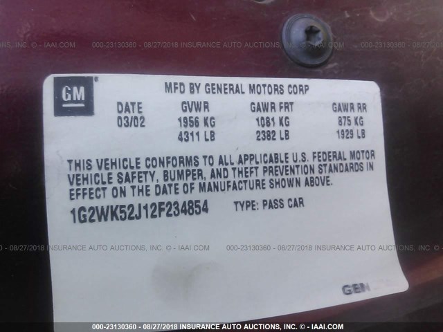 1G2WK52J12F234854 - 2002 PONTIAC GRAND PRIX SE 勃艮第红 照片 9