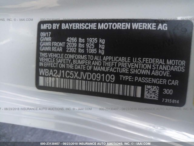 WBA2J1C5XJVD09109 - 2018 BMW 230I WHITE photo 9