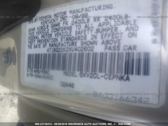 4T1BG22K2XU402602 - 1999 TOYOTA CAMRY CE/LE/XLE 棕色 照片 9