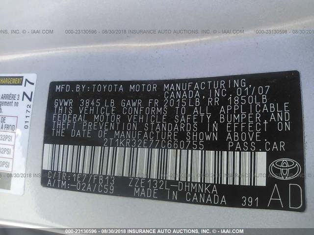 2T1KR32E77C660755 - 2007 TOYOTA COROLLA MATRIX XR SILVER photo 9