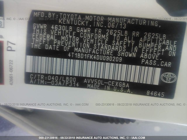 4T1BD1FK4DU090209 - 2013 TOYOTA CAMRY HYBRID/LE/XLE 白色 照片 9