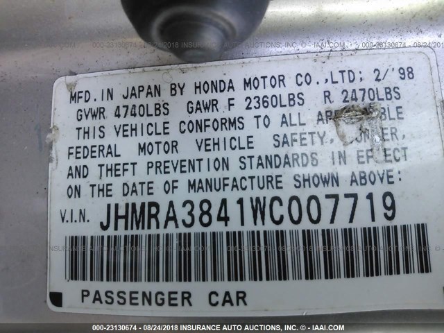 JHMRA3841WC007719 - 1998 HONDA ODYSSEY LX/EX SILVER photo 9