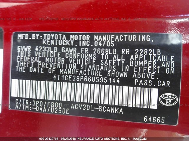 4T1CE38P66U595144 - 2006 TOYOTA CAMRY SOLARA SE/SLE Qırmızı foto 9