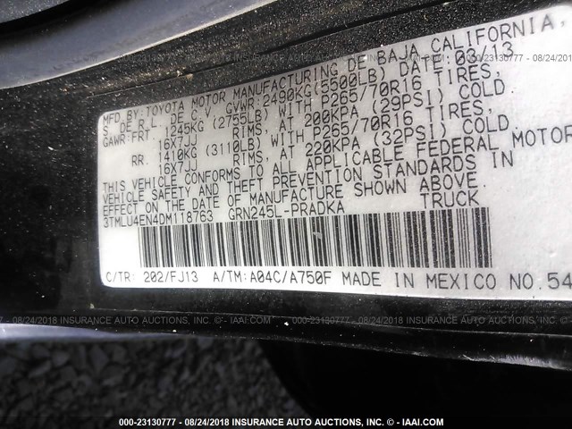 3TMLU4EN4DM118763 - 2013 TOYOTA TACOMA DOUBLE CAB შავი ფოტო 9