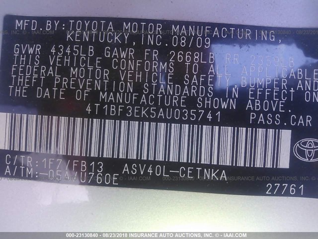 4T1BF3EK5AU035741 - 2010 TOYOTA CAMRY SE/LE/XLE SILVER photo 9