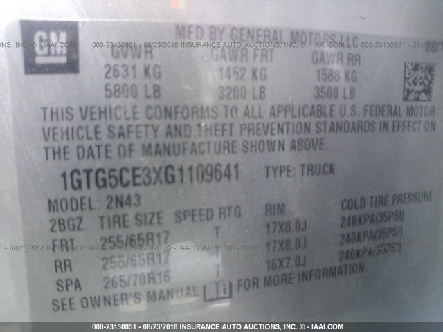 1GTG5CE3XG1109641 - 2016 GMC CANYON SLE SILVER photo 9