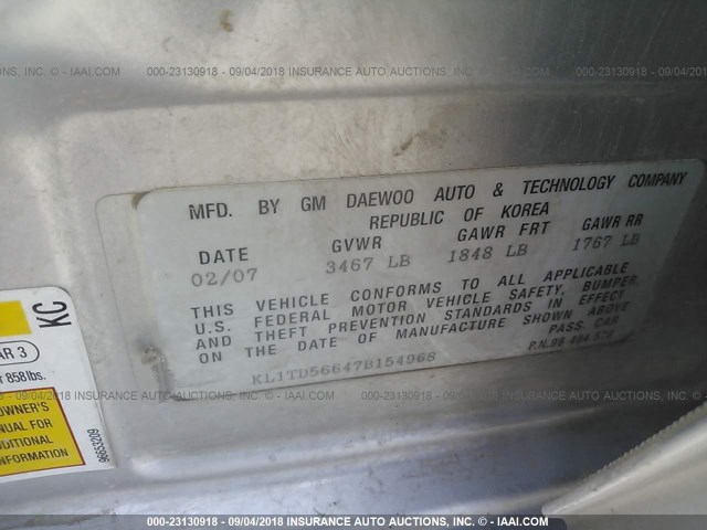 KL1TD56647B154968 - 2007 CHEVROLET AVEO LS SILVER photo 9