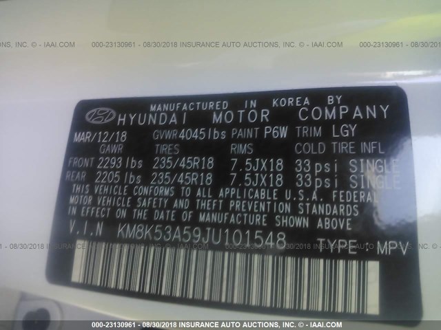 KM8K53A59JU101548 - 2018 HYUNDAI KONA ULTIMATE WHITE photo 9