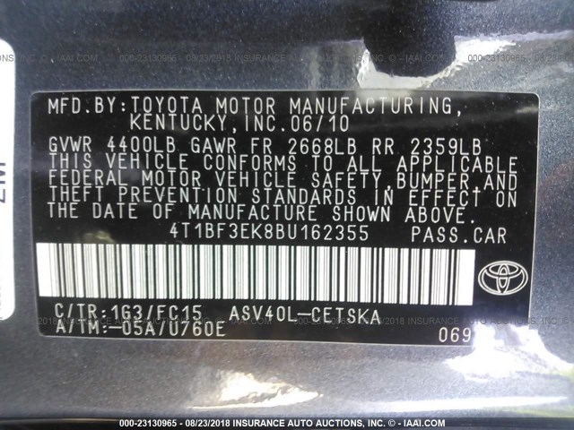 4T1BF3EK8BU162355 - 2011 TOYOTA CAMRY SE/LE/XLE ნაცრისფერი ფოტო 9