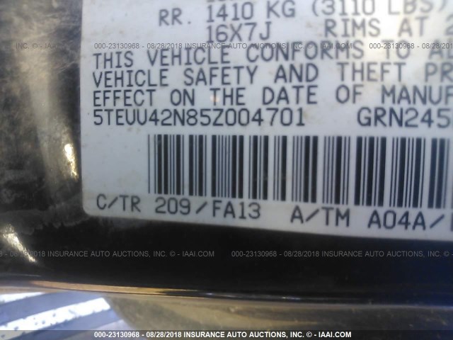 5TEUU42N85Z004701 - 2005 TOYOTA TACOMA ACCESS CAB Սև լուսանկար 9