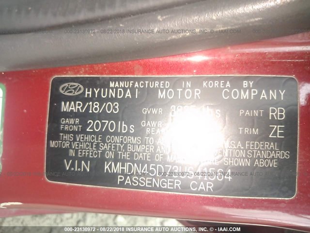 KMHDN45D73U641564 - 2003 HYUNDAI ELANTRA GLS/GT RED photo 9