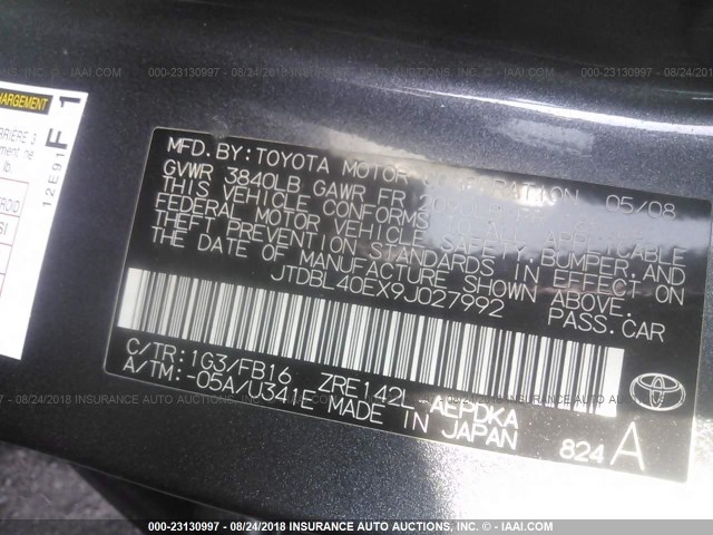 JTDBL40EX9J027992 - 2009 TOYOTA COROLLA LE/XLE GRAY photo 9