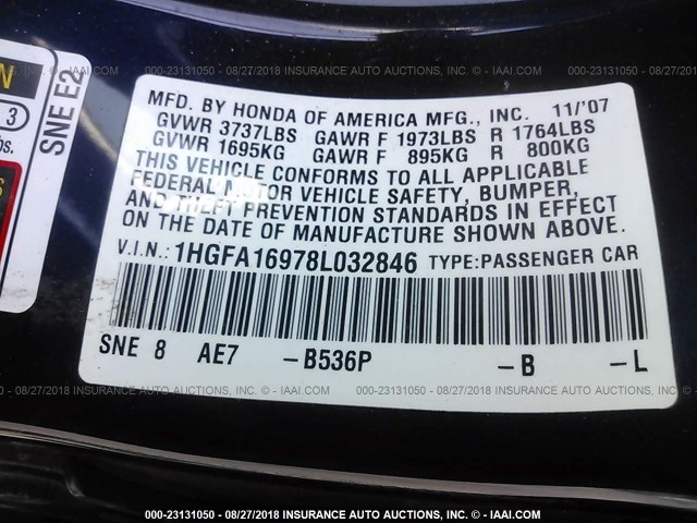 1HGFA16978L032846 - 2008 HONDA CIVIC EXL 蓝色 照片 9