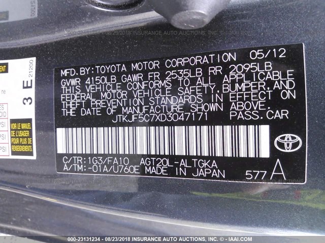 JTKJF5C7XD3047171 - 2013 TOYOTA SCION TC 灰色 照片 9