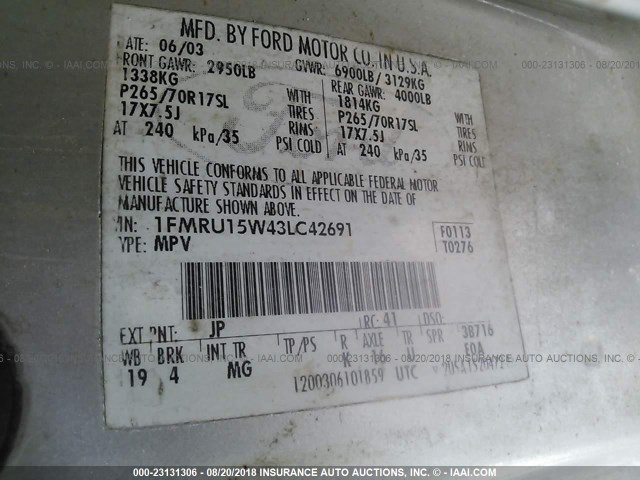 1FMRU15W43LC42691 - 2003 FORD EXPEDITION XLT SILVER photo 9