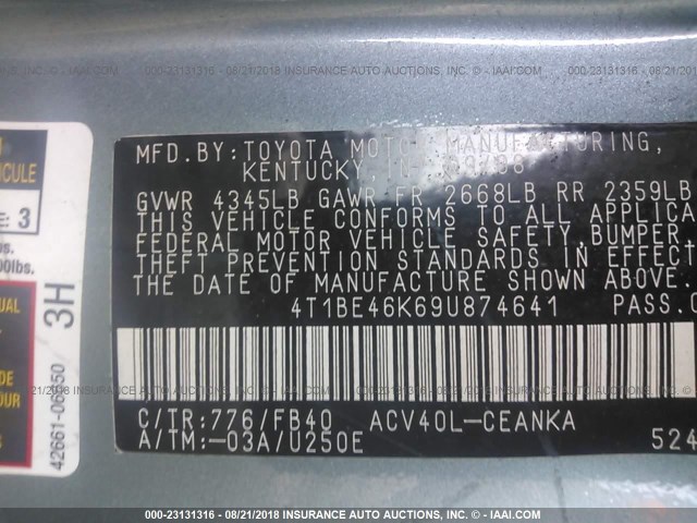 4T1BE46K69U874641 - 2009 TOYOTA CAMRY SE/LE/XLE GREEN photo 9