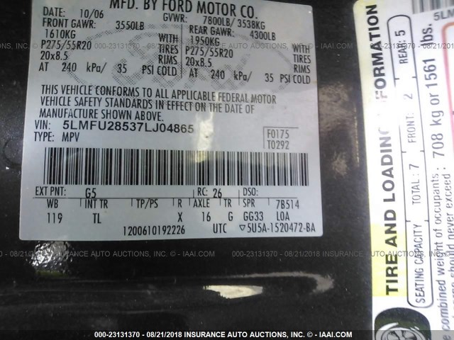 5LMFU28537LJ04865 - 2007 LINCOLN NAVIGATOR BLACK photo 9