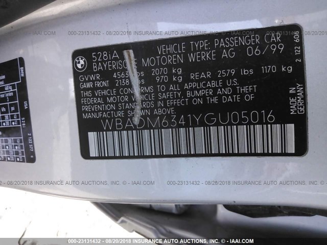 WBADM6341YGU05016 - 2000 BMW 528 I AUTOMATIC Gümüş foto 9
