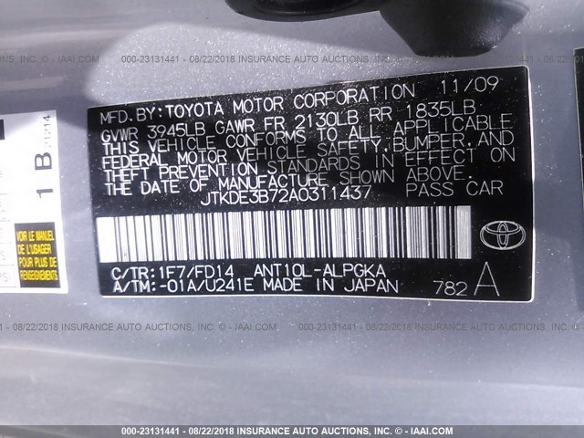 JTKDE3B72A0311437 - 2010 TOYOTA SCION TC 银色 照片 9